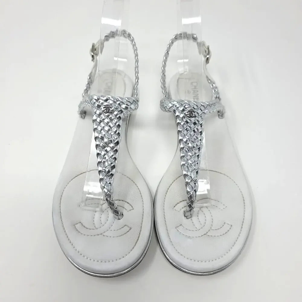 Chanel Thong Silver Leather Logo Sandals T Strap Day White 37.5 US 7
